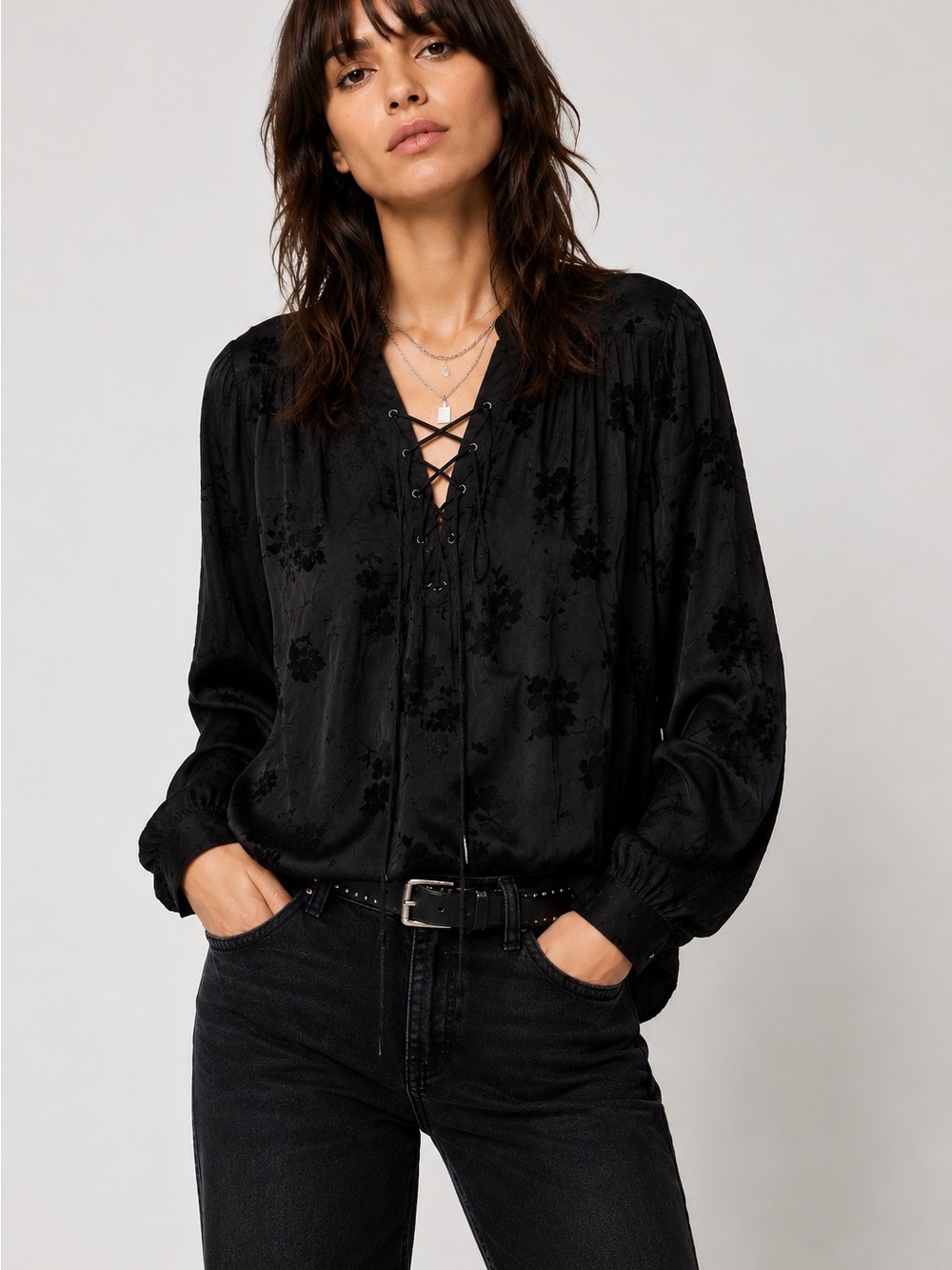 Zadig & Voltaire Black Floral Lace-Up V-Neck Blouse NWT $368